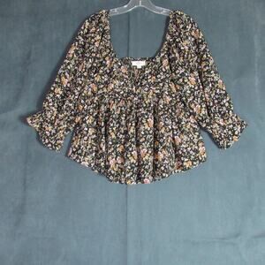 entro Black Floral Peasant Blouse with Pink and Orange Flowers
